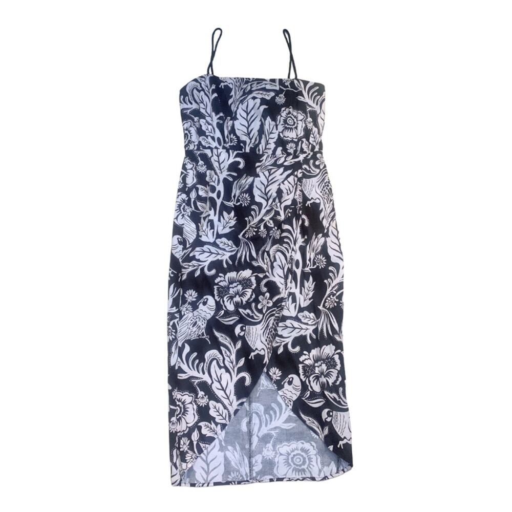 2/$30 Cream Black Floral Print Linen Sleeveless Midi Dress Beach Getaway Vacay